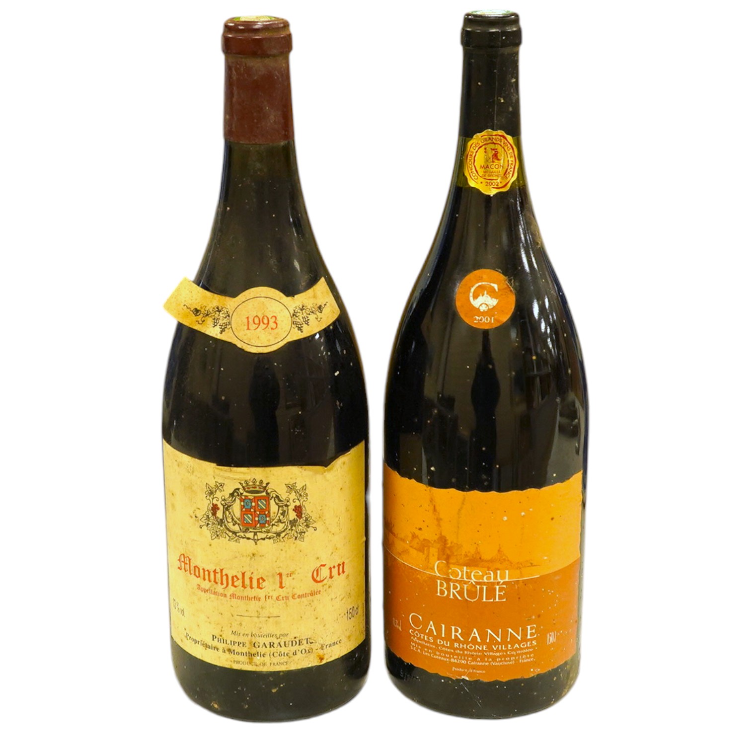 Two magnums of wine including Coteau Brûlé 2001. Condition - fair, storage history unknown